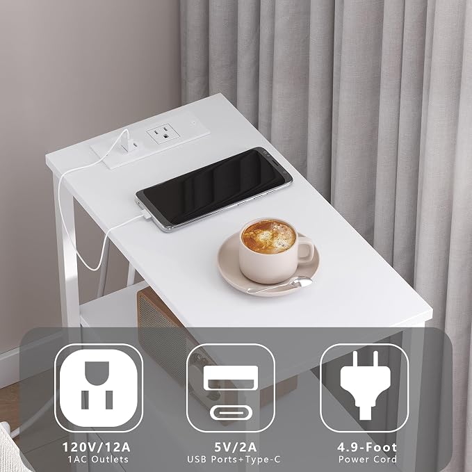 TUTOTAK Small Narrow End Table with Charging Station, Side Table with Outlets, Nightstand with 2 Cloth Drawers, Couch Table, for Living Room, Bedroom, Bedside, White TB01BW085