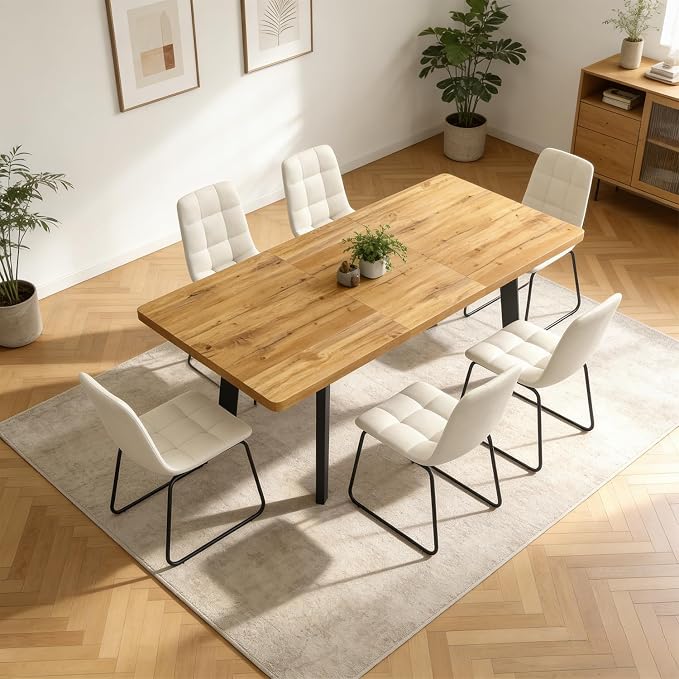 Extendable Dining Table Set for 4 to 8 People, 47.2" to 63" Modern Kitchen Table Set with 6 Chairs, MDF Dining Room Table and Chairs with Removable Extension Leaf (Walnut Table+U-Shaped White Chairs)