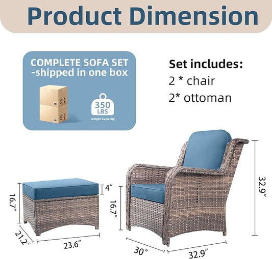4 Piece Outdoor Wicker Patio Furniture Set, Patio Chairs Set with Thickened Cushions, High Back and Deep Seating, Hand-Woven Rattan, Ottoman for Porch, Deck, Peacock Blue