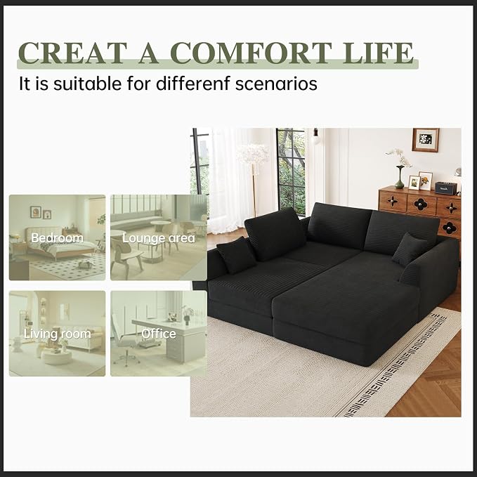 106" Modular Sectional Sofa with Reversible Chaise, Black Corduroy L-Shaped Cloud Couch for Living Room Apartment, 3-Piece Set, No Assembly Required, High-Density Supportive Foam