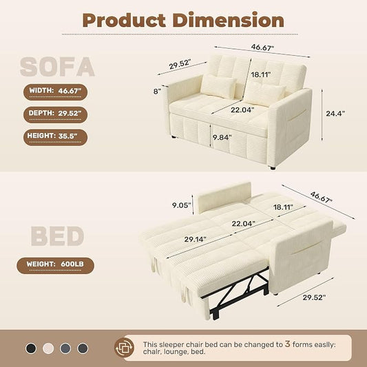 Nebuaegis Sleeper Sofa Bed,3-in-1 Convertible Pull Out Couch with Adjustable Backrest for Living Room,Loveseat Sofa Bed with Side Pockets,Easy Assembly,Beige,1 PCS