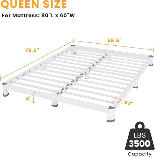 4 Inch Queen Bed Frame, Metal Platform Bed Frame with Round Corner Legs, 3500 lbs Heavy Duty Steel Slats Support, No Box Spring Needed, Noise Free, Easy Assembly, White