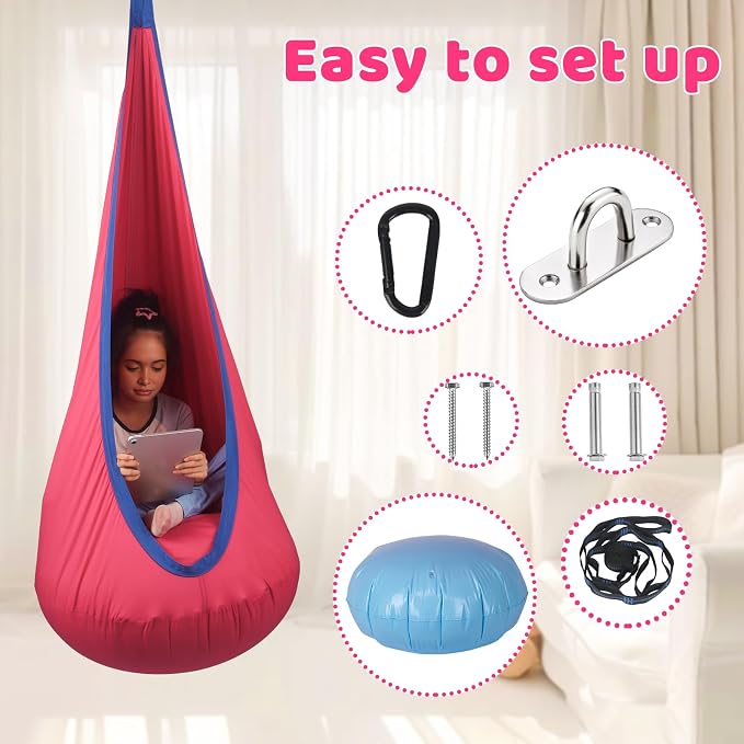 HiCamer Sensory Swing for Kids indoor and outdoor Pod hammock Chair Seat Upgrade Max 300 lbs Hanging Swing with Inflatable Cushion Includes Hardware Hanger Kit for Aspergers Autism ADHD (Cranberry)