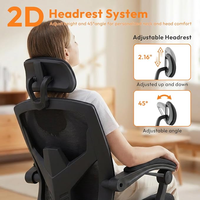 Desk Chair with Foot Rest, High-Back Mesh Office Chair with Wheels, Reclining Gaming Chair with Headrest and Adjustable Lumbar Support, 90°-130° Reclining, for Home Office and Gaming, Classic Black