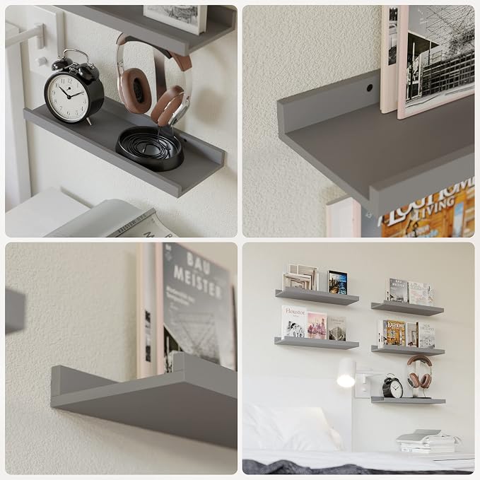 RICHER HOUSE Mounted Shelves for Wall Decor, Modern Picture Ledge Shelf with Lip for Wall Storage Nursery, Bedroom, Living Room, Bathroom - Grey