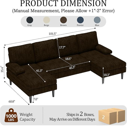 Korser U-Shaped Sectional Couches for Living Room, 101 Inch Modern Modular Sofa with Double Chaise Lounge, Comfy Chenille Fabric 4-Seat Couch Set for Apartment, Brown