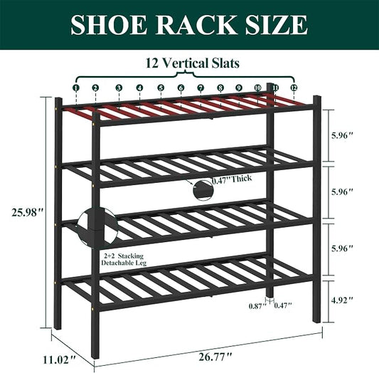Smiry Bamboo Shoe Rack, 4 Tier Free Standing Wooden Shoe Organizer, Stackable Wood Shoe Storage Shelf for Closet, Entryway, 12 Vertical Slats, 2+2 Stack Standard Legs, 26.8"x11"x26", Black
