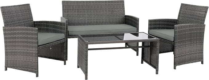 4 Piece Patio Ratten Set Outdoor Furniture Set Wicker Conversation Set with Cushions and Tempered Glass Tabletop,Grey