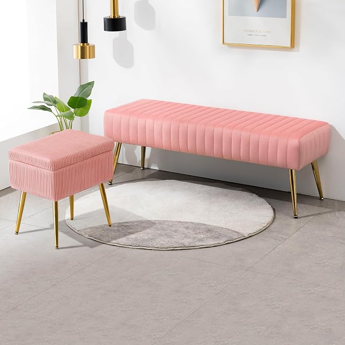 Furniliving 44 Inch Velvet Bench, Upholstered Tufted Striped Fabric Bedroom Bench with Golden Metal Legs, Ottoman for Living Room, Solid Wood Indoor Bench for Foyer (Pink)