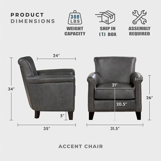 Lexicon 100% Top Grain Genuine Leather Chair, Leather Accent Chairs for Living Room, Solid Wood Frame, Rolled Armrest & Nailhead Trim, Comfy Reading for Bedroom, Office, Waiting Room, Classic Gray