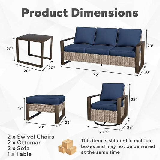 Outdoor Patio Swivel Rocker Chairs, 7 Pieces Wicker Furniture Set, 2 Swivel Rocking Chairs, 2 Sofa 2 Ottoman and 1 Table, Wide Armrest, Thick Cushions and Deep Seating for Garden, Backyard, Porch