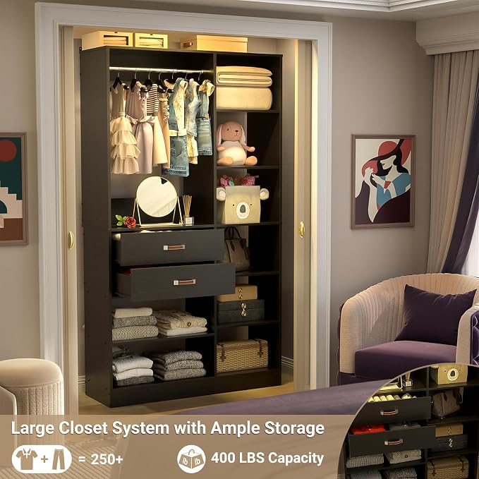 Armocity Freestanding Closet System, 40 Inches Stand-Alone Wardrobe with 10 Shelves, 80'' Height Adjustable Cloth Garment Rack with 2 Wood Drawers, Wood Walk-in Closet with Hanging Rod, Black
