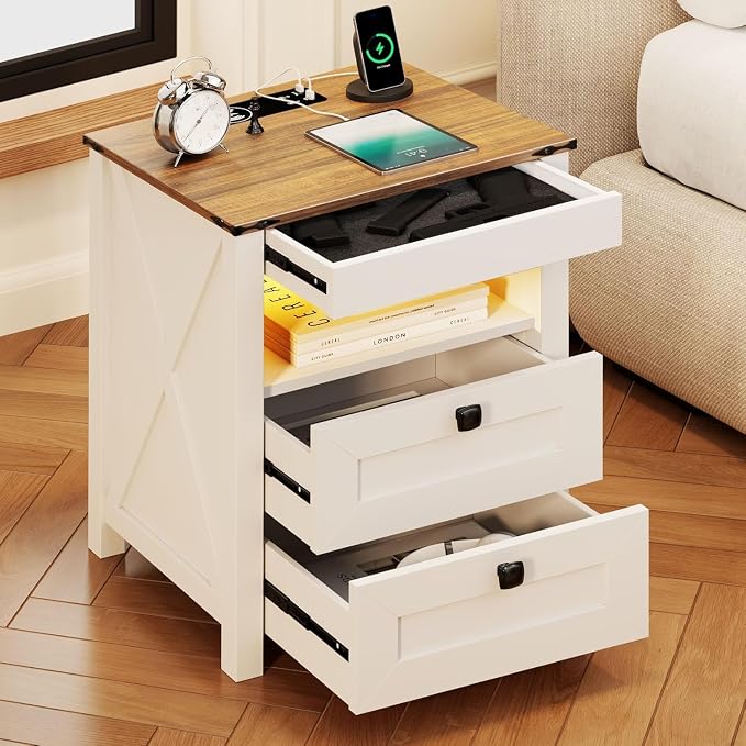 TAGELIER Farmhous Nightstand with Gun Drawer,Bedside Table with Charging Station, Gun Night Stand with LED Light & Human Sensor,Smart End Table for Bedroom, Antique White