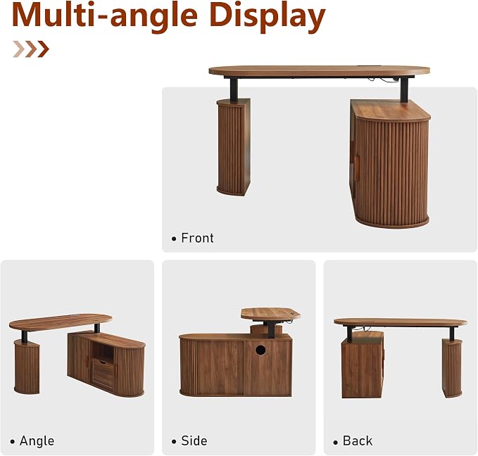 55" L Shaped Standing Desk with Storage, Oval Electric Desk Height Adjustable Executive Desk with File Drawer, Fluted Wood Desk Office Sit Stand up Desk for Work, Study, Writing, Walnut