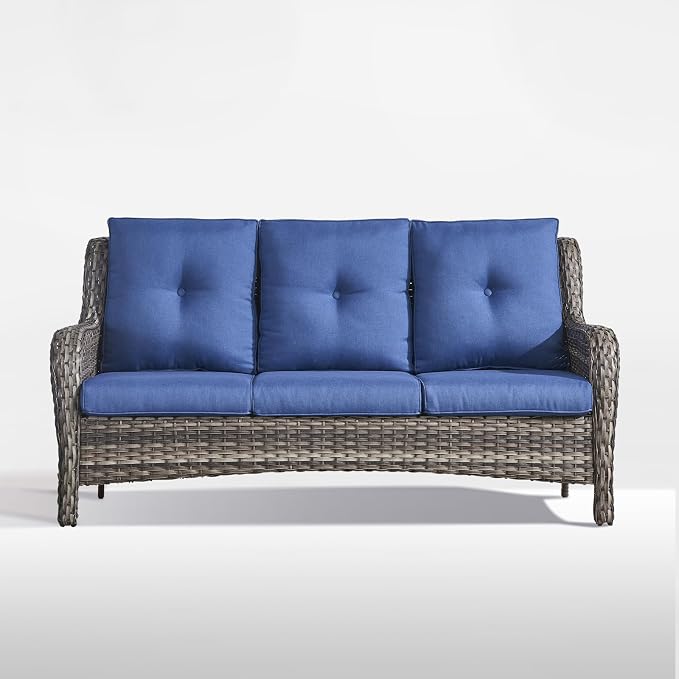 Outdoor Couch All Weather PE Wicker Patio Sofa Outdoor Sofa Deep Seating for Porch Deck Backyard-Grey/Blue