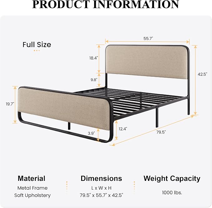 SHA CERLIN Full Size Platform Metal Bed Frame with Curved Upholstered Headboard and Footboard, Large Under Bed Storage, No Box Spring Needed, Modern, Beige