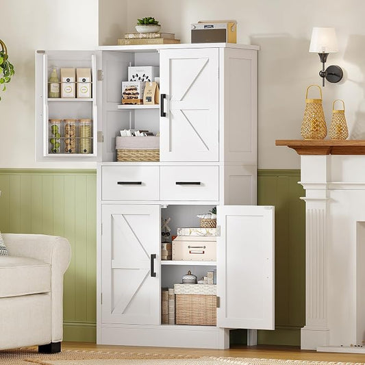 TEENFON Pantry Cabinet with 2 Drawers, Kitchen Storage Cabinet with 4 Door Shelves, Kitchen Pantry for Living Room, Dining Room, Bathroom, White