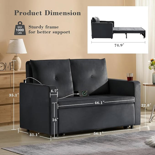 Krcix 3 in 1 Pull Out Couch, 56 Inch Velvet Sofa Bed, Convertible Sleeper Sofa for Living Room, Small Space, Upholstered Loveseat Couch Bed with USB, Cup Holder, Black