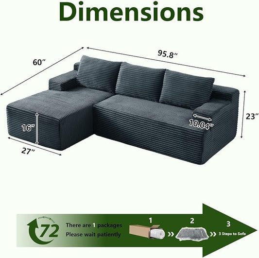 96" Modular Sectional Sofa, Modern Corduroy Cloud Couch, Boneless Couch Upholstered 3-Seater L-Shaped Sofa for Living Room, No Assembly Required (Dark Grey, Left-Facing Chaise)