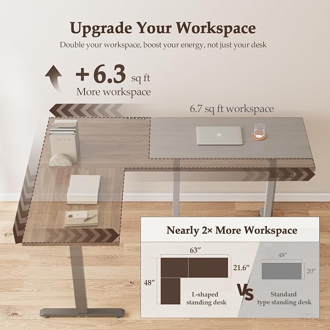 Klicelor L Shaped Standing Desk 63 x 48 Inch, Electric Height Adjustable Corner Desk for Home Office Workstation, Ergonomic Sit Stand Computer Table with Memory Controller, Dark Walnut