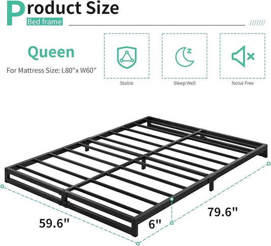 Lutown-Teen 6 Inch Bed Frame Queen Size Heavy Duty Steel Slat Support Metal Platform Queen Bed Frame No Box Spring Needed, Easy Assembly, Black
