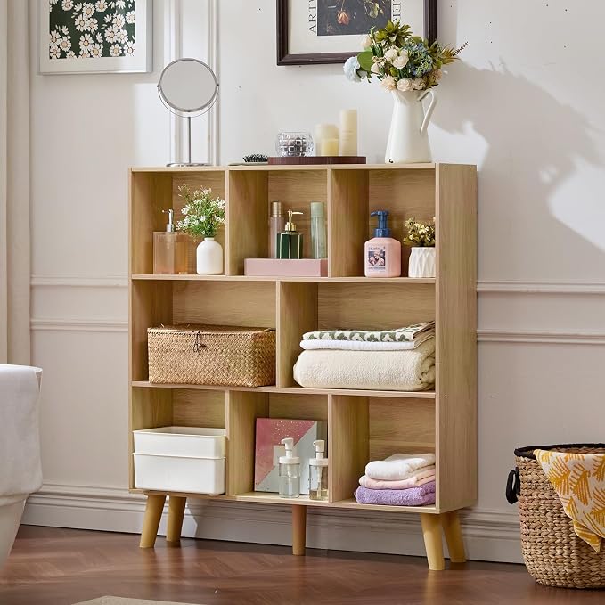 LEYAOYAO 8 Cube Bookshelf,3 Tier Bookcase with Legs,Light Wood Mid-Century Modern Bookshelves,Large Open Storage Organizer Shelf, Wooden Book Case
