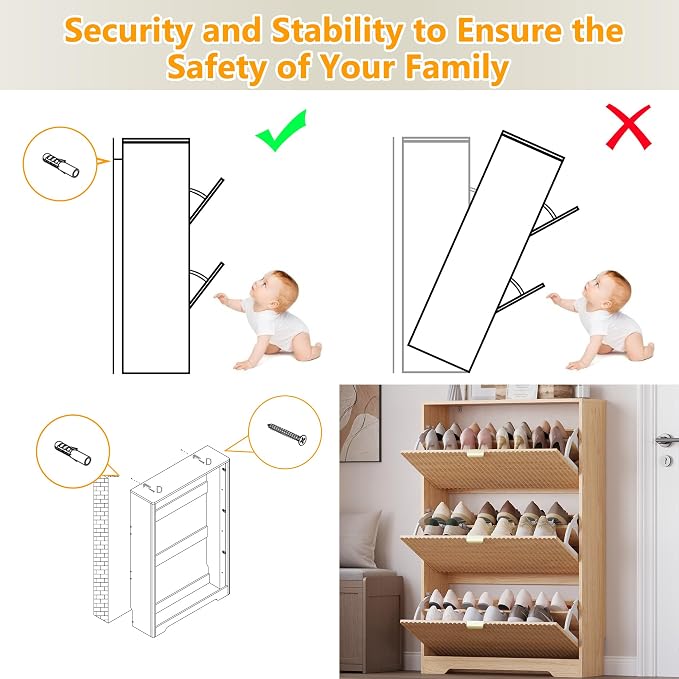 BORNOON Entryway Shoe Cabinet with 3 Flip Drawers, Narrow Shoe Organizer Cabinet with Fluted Panel and Adjustable Shelves for Foyer, Hallway