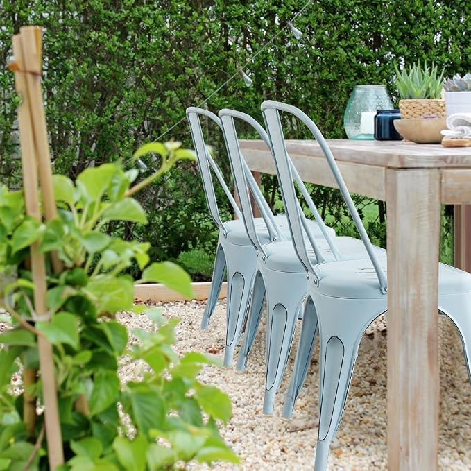 Devoko Metal Indoor-Outdoor Chairs Distressed Style Kitchen Dining Chairs Stackable Side Chair with Back Set of 4 (Blue)