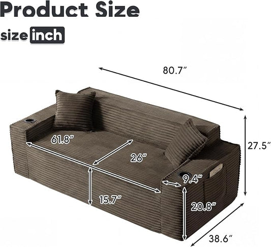 Boneless Sectional Sofa Couch with Cup Holders & Side Pockets, Modern Corduroy Fabric Deep Seat 3-seat Cloud Couch for Living Room Office, No Assembly (Brown)