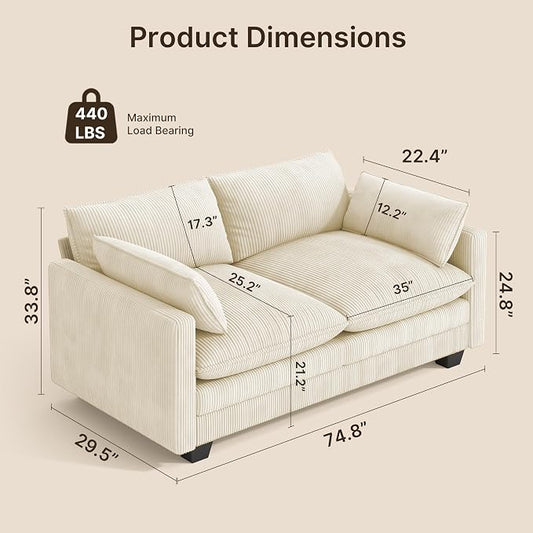 Gizoon 75” Small Cloud Loveseat Couches for Living Room, 2 Seater Love Seat Sofa with Comfy Deep Seat, Small Washable Couches with Removable Corduroy Cover for Apartment, Beige