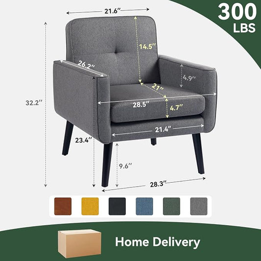 Vogue Furniture Direct Mid Century Accent Chair, Fabric Modern Chair with Wooden Frame, Cozy Armchair Reading Chair with Comfy Back for Apartment, Living Room, Bedroom, Small Space, Corner, Grey
