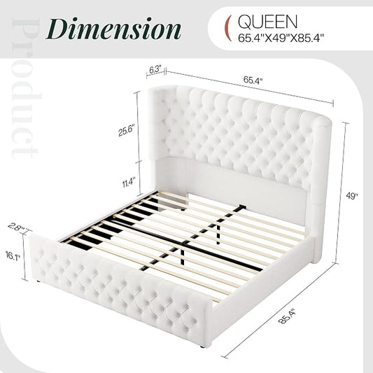 Jocisland Queen Size Upholstered Bed Frame with 6.3-Inch Curved Wingback Headboard, Tufted Footboard, Wood Slats, No Box Spring Needed, White Linen