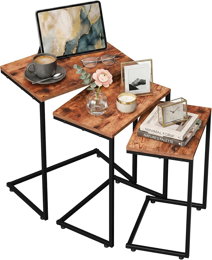 SUPER DEAL Nesting Tables Set of 3, Industrial C Shaped End Table Stackable Coffee Table Heavy Duty Metal Frame for Small Space, Living Room, Bedroom, Side Table Tray for Laptop Snack, Rustic Brown