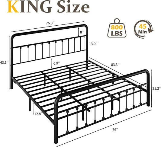 Fluest 14 Inch King Bed Frame Classic Metal Platform Bed Frame with Charging Station & LED, Victorian Style Iron-Art Headboard/Footboard, Under Bed Storage, No Box Spring Needed, Noise Free