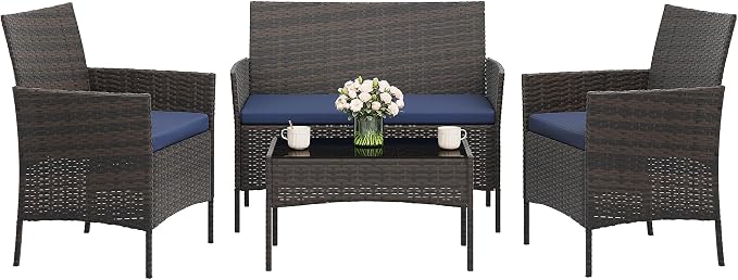 4-Piece Outdoor Furniture Set, PE Rattan Wicker Chairs with Soft Cushions & Tempered Glass Coffee Table - All-Weather Patio Set for Garden, Backyard, Porch, Poolside (Brown/Dark Blue)
