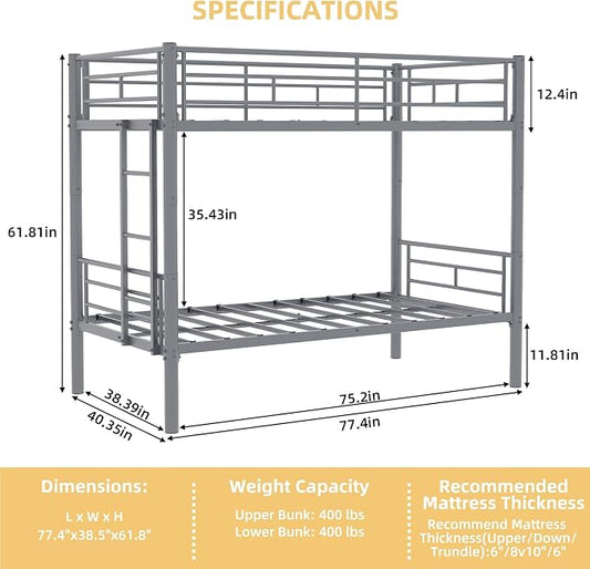 HRVEOCEI 2-Way Convertible Twin Over Twin Bunk Bed with Guardrail & Ladders, Metal Low Bunkbed for Kids Boys Girls, Heavy Duty, No Box Spring Needed, Space-Saving (Silver, No Trundle)