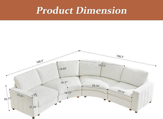 ORRD Curved Sectional Sofa, Convertible L Shaped Couch with Deep Seat, Boucle Modular Sectional Sofa with Pillows, Curved Chenille Comfy Corner 4 Seat Couch for Living Room, White