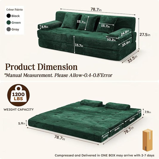 78.7IN Folding Sofa Bed - Convertible Sleeper Sofa Couch with Zippered Pillows, 3 Seater Couches Bed for Living Room, Bedroom, Apartment, No Assembly Required, Freestanding, Corduroy, Green