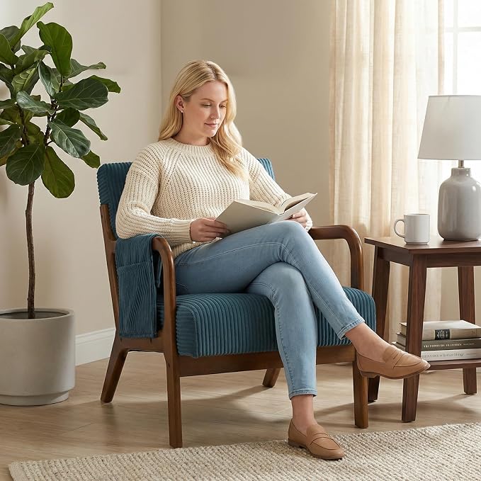 DUMOS Mid Century Modern Accent Chair, Upholstered Armchair with Lumbar Pillow and Solid Wood Frame, Comfy Reading Chair for Small Living Room, Bedroom, Guest Room, Navy Blue