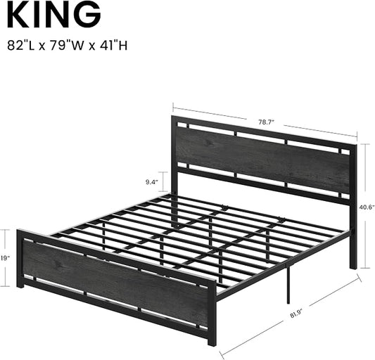 LIKIMIO King Bed Frame with Headboard and Footboard, Metal Strong Supports, Easy Assembly, Noise-Free, No Box Spring Needed, Charcoal Grey