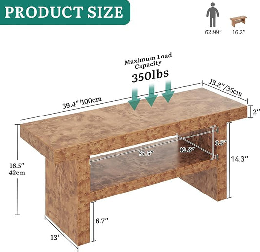 DWVO 39.4" Entryway Bench with Motion-Sensing Warm LED Light, 2-Tier Rustic Thick Wood Shoe Storage Bench for Hallway Bedroom Dressing Room or End of Bed, Burl Wood Finish