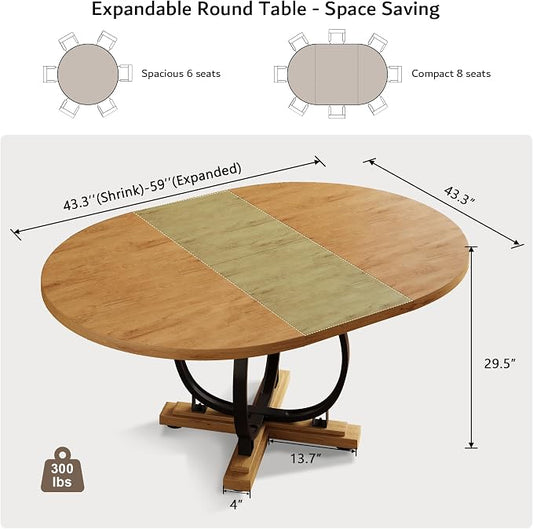iPormis 59'' Extendable Round Dining Table for 4 to 6, Kitchen Table with Sturdy X-Base Metal Legs, MDF Board with Backboard Clasp, Space Saving, Easy Assembly, Kitchen, Dining Room, Oak