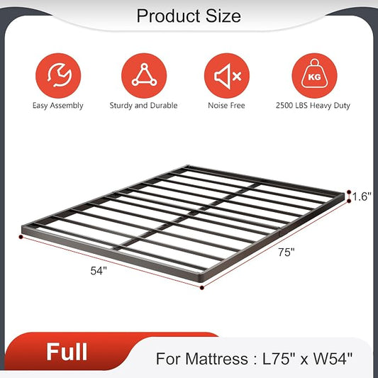 Yicensen 1.6 Inch Bunkie Board Full Low Heavy Duty Metal Box Spring Full Size Bed Base, Sturdy Mattress Foundation, Easy Assembly, Noise Free, Black