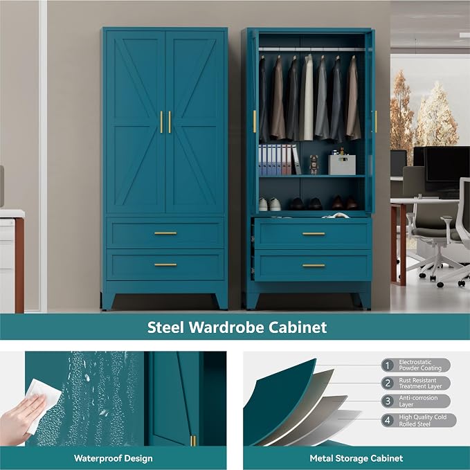 Blue Metal Wardrobe Closet, Armoire Wardrobe with Two Drawers Clothes Cabinet for Bedroom, 71" Tall Farmhouse Steel Armoire Closet with Drawers and 2 Doors Clothing Storage Cabinet with Hanging Rod