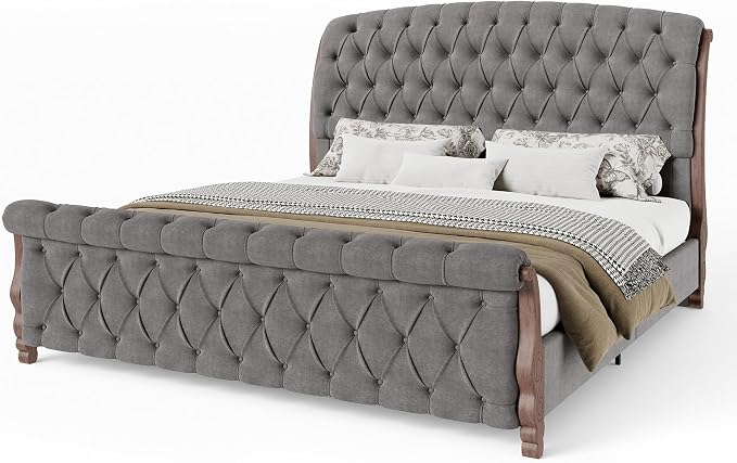 AMERLIFE Upholstered King Bed Frame, 53" Tall Sleigh Bed with Button Tufted Chenille Headboard and Footboard, Platform Bed with Carved Solid Wood Legs, No Box Spring Needed, Dark Gray