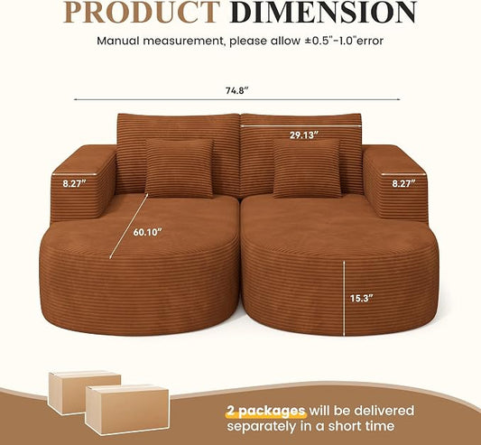 Modular Sectional Sofa Bed,Convertible Cloud Couches for Living Room,2 Chaise Corduroy Boneless Couch Sleeper Sofa Set,Oversized Chaise Lounge Chair for Bedroom,No Assembly Required,Brown 1PCS