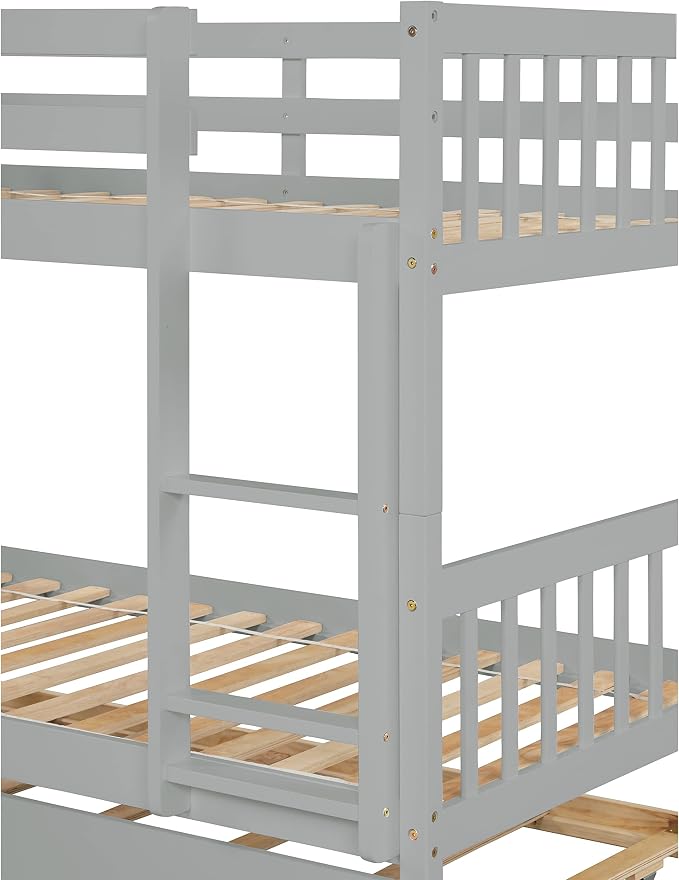 Harper & Bright Designs Convertible Wood Twin-Over-Twin Bunk Bed with Trundle and Ladder - Can Be Divided Into Two Platform Beds (Grey)
