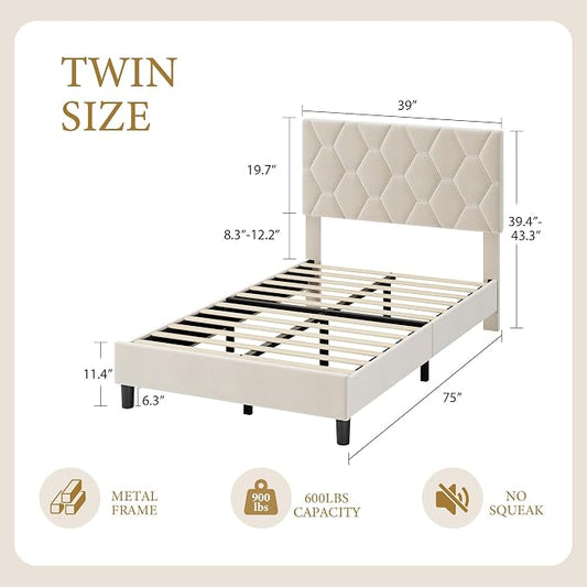 GarveeHome Twin Size Platform Bed Frame with Upholstered Headboard and Wooden Slats Support, Upholstered Mattress Foundation/No Box Spring Needed/Easy Assembly, Beige