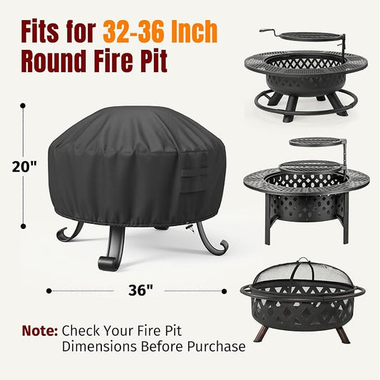 SHINESTAR Fire Pit Cover Round, Fits for 32-36 Inch Fire Pit Table, 600D Heavy Duty Fabric, Waterproof and Windproof, 36" D x 20" H, Black