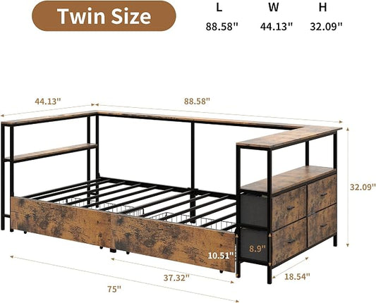 Bellemave Twin Corner Bed Frame with Desk and Storage, Twin Size Corner beds with Charging Station and LED Light, Wood Daybeds with L-Shaped Bookcase and Drawers, Black+Brown